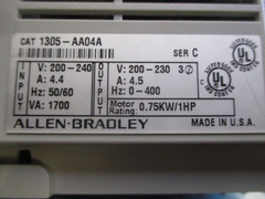 ALLEN BRADLEY VARIABLE SPEED DRIVE SER C 200-240V 4.4A 0.75KW/1HP 1305-AA04A