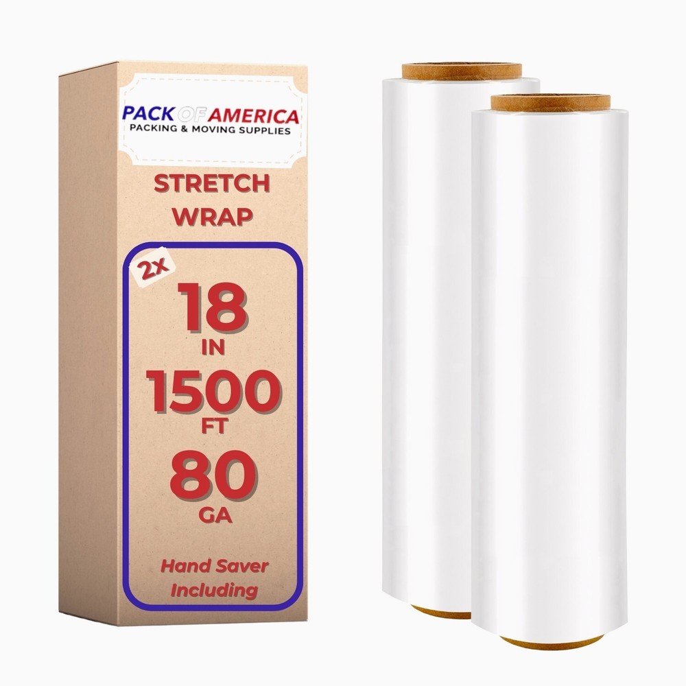 Stretch Film, Shrink Wrap, Clear, 18″ x 1500′ x 80 Gauge, 2 Rolls