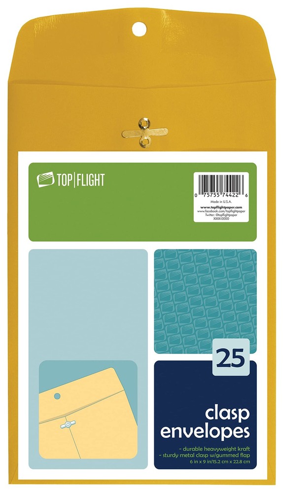 Top Flight Clasp Envelopes, Gummed and Clasped Closure, 6 x 9 One Size, Brown