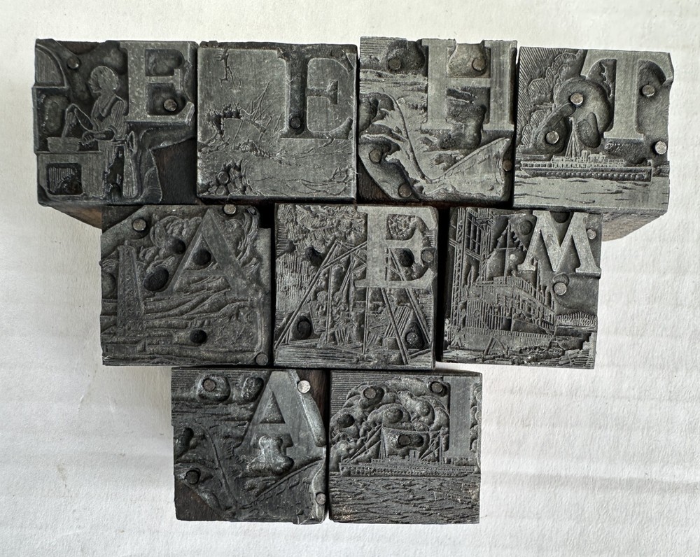 Vtg Type Set Print Block Letter Nautical Illustrated People Dining Cooking Scene