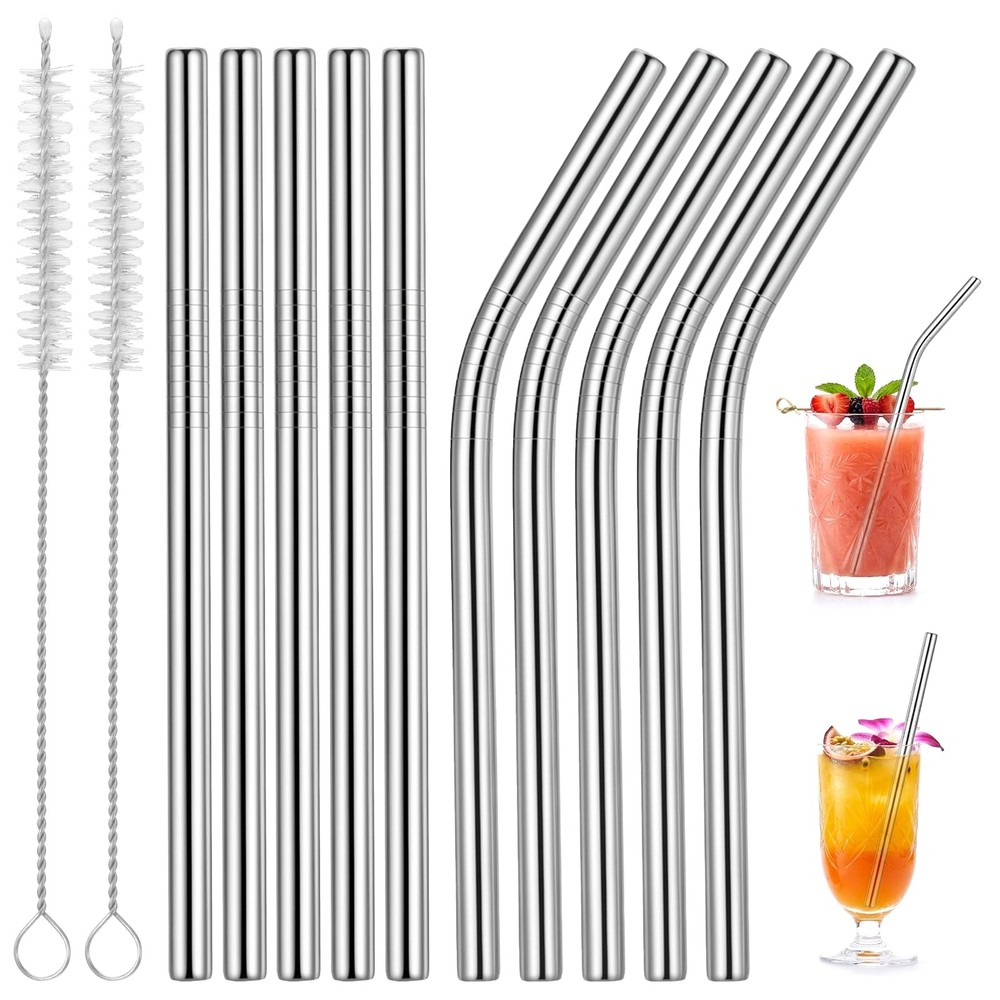 10 Pcs Short Metal Straws, 5 Straw Length: 5.9 inches / 15 cm, Silver