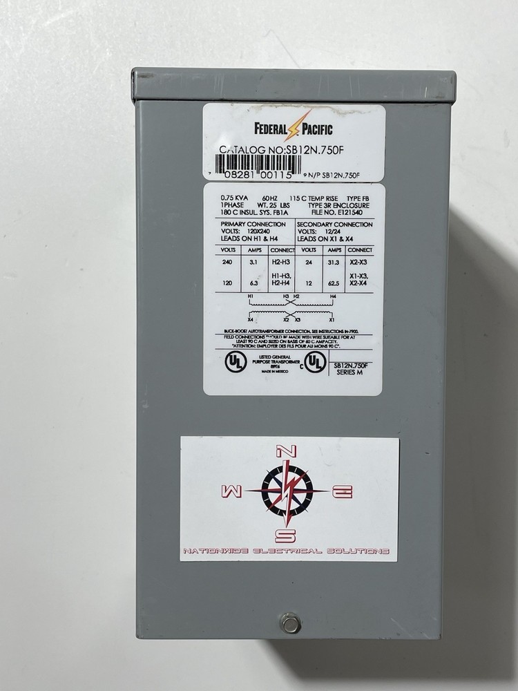 Federal Pacific SB12N.750F 0.75 kVA Transformer, 1PH