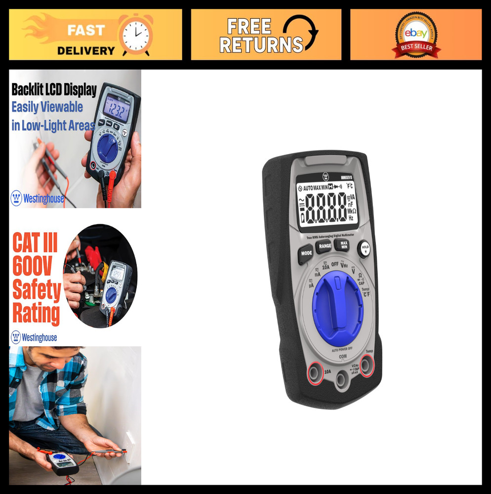 600V True RMS Auto-Ranging Multimeter with Backlight, MAX/MIN, Voltage, Current,