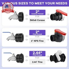 3-Size IBC Tote Adapter Kit, 275-330 Gallon IBC Tote Water Tank Hose Fittings, 2