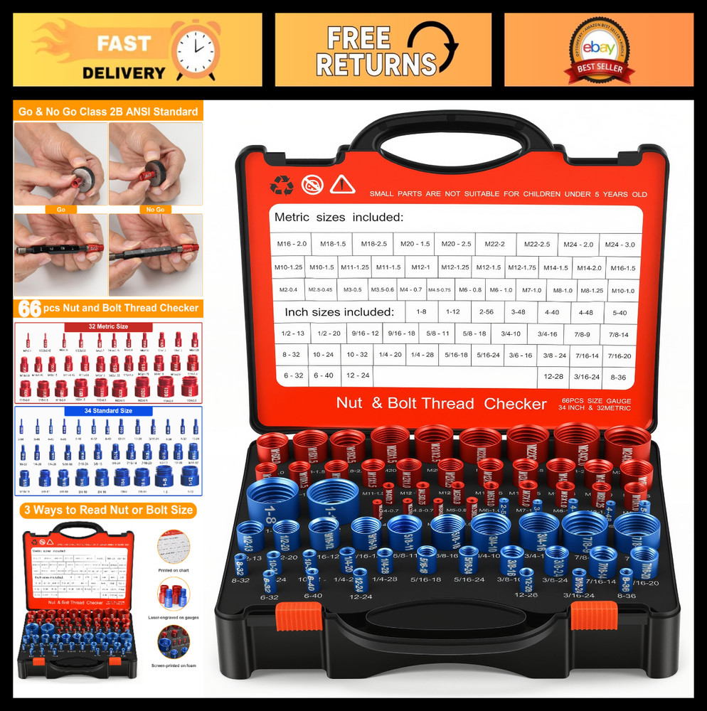 66 Pcs Nut & Bolt Thread Checker – 34 Standard, 32 Metric Size Finder Tool, Scre