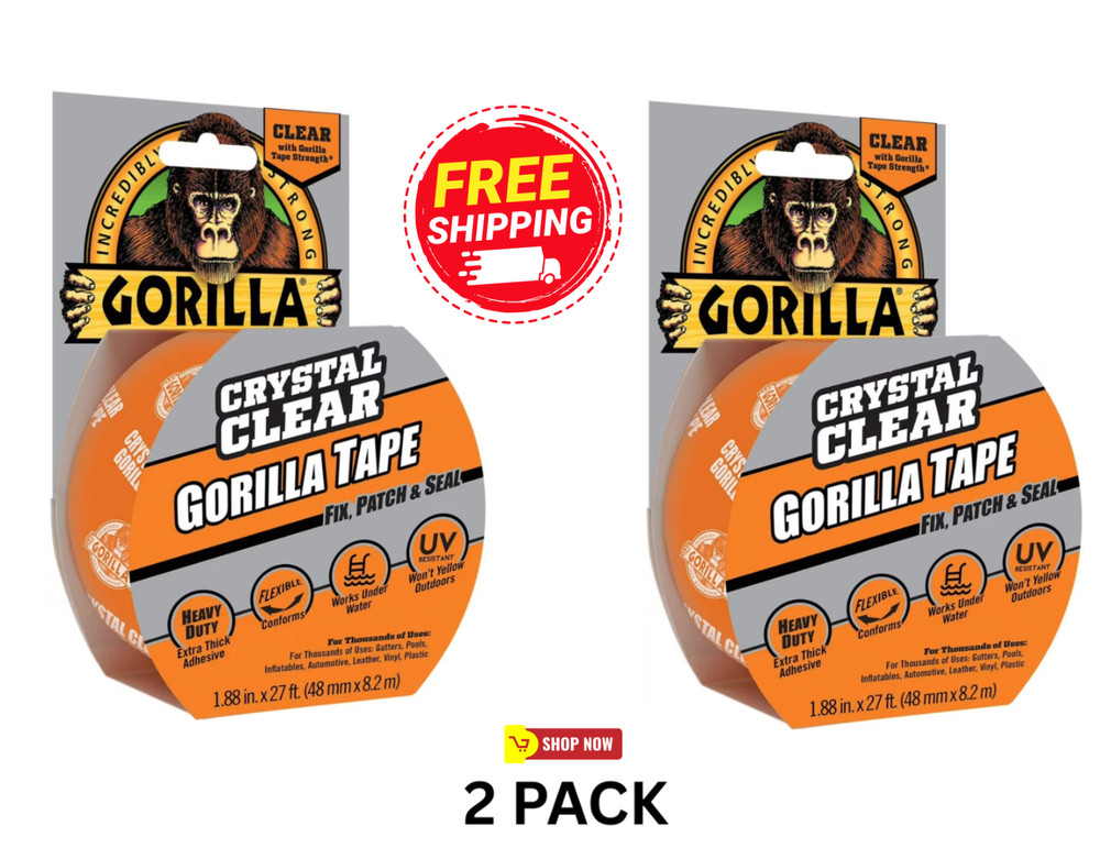 2 PACK- Crystal Clear Gorilla Tape 1.88 in X 27 ft Heavy Duty Flexible Outdoor