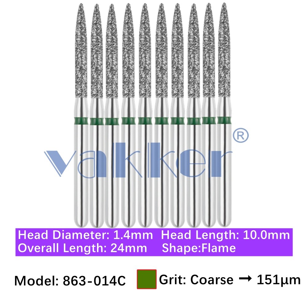 10/Pk Vakker Dental Diamond Burs Flame FG 863-014C Coarse Grit Friction Grip