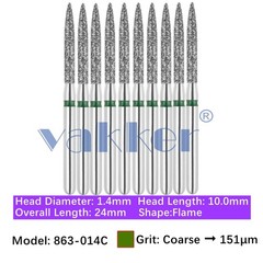 10/Pk Vakker Dental Diamond Burs Flame FG 863-014C Coarse Grit Friction Grip