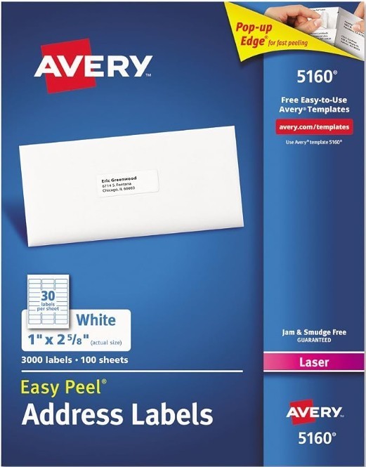 Avery Easy Peel Laser Address Labels 1″ x 2 5/8″ (5160) 10 SHEETS ( 300 labels)