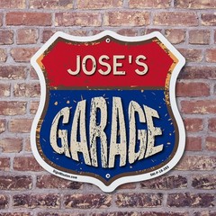 Jose’s Garage Shield Shaped Sign Weather Resistant Crafted in the USA