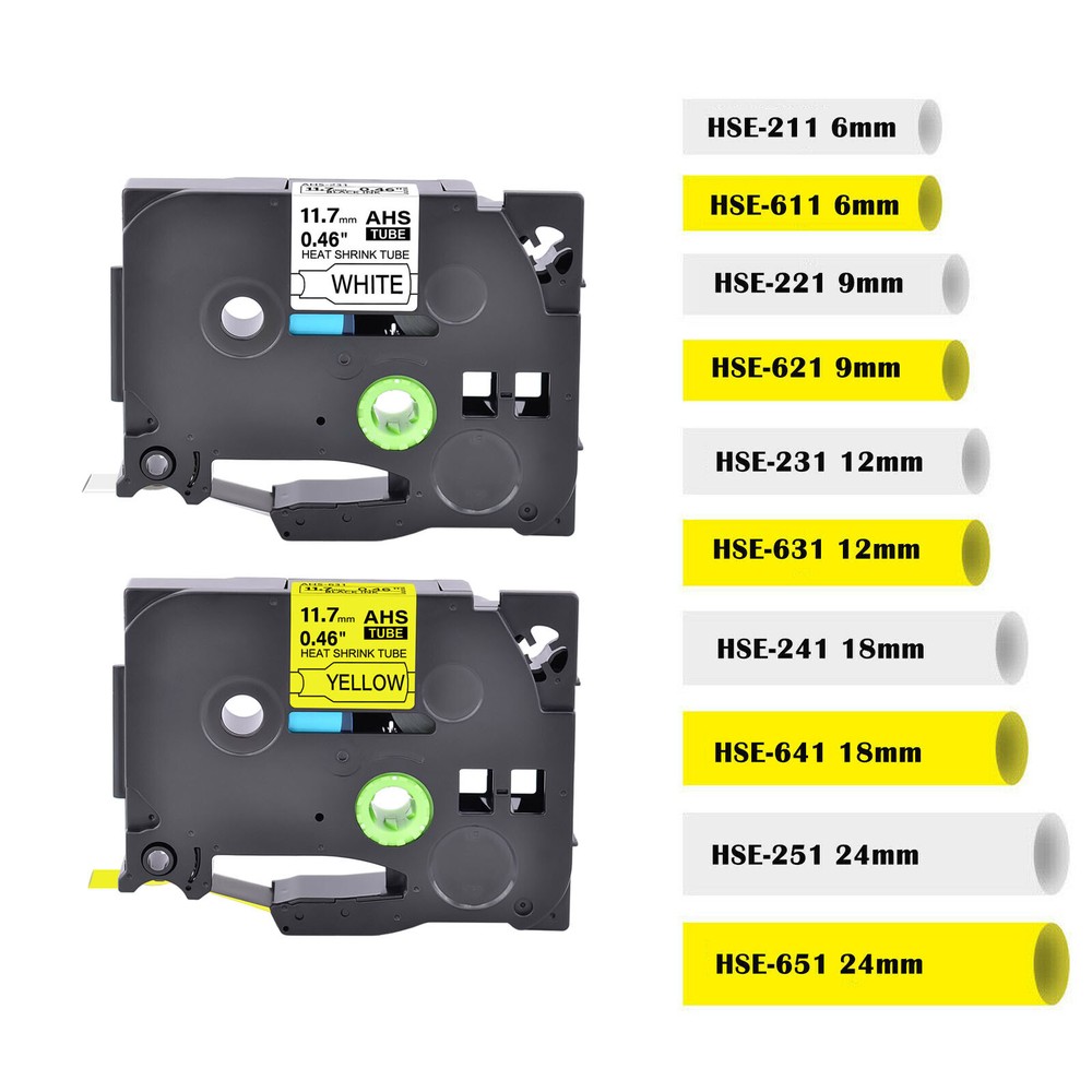 Black Ink White Yellow Heat-Shrink Tube Compatible with Brother HSe 211 221 231