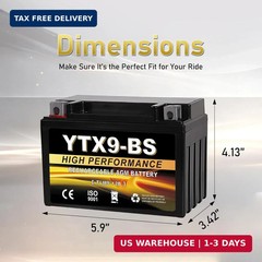 YTX9-BS 12V 9Ah AGM Sealed Motorcycle Battery, Maintenance-Free, Compatible with