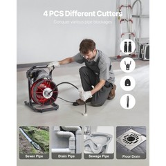 Uimoso Drain Cleaning Machine with 75FT x 3/8 Inch Cable and 4 Cutters