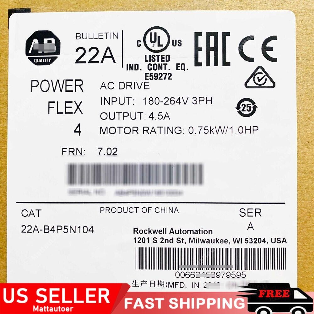 Allen-Bradley 22A-B4P5N104 PowerFlex 4 0.75 kW 1 HP AC Drive US Free Tax