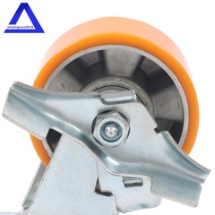 4″ Side Brake Polyurethane Plate Casters, 3200 Pounds, Silver + Qrange, 4 Pieces