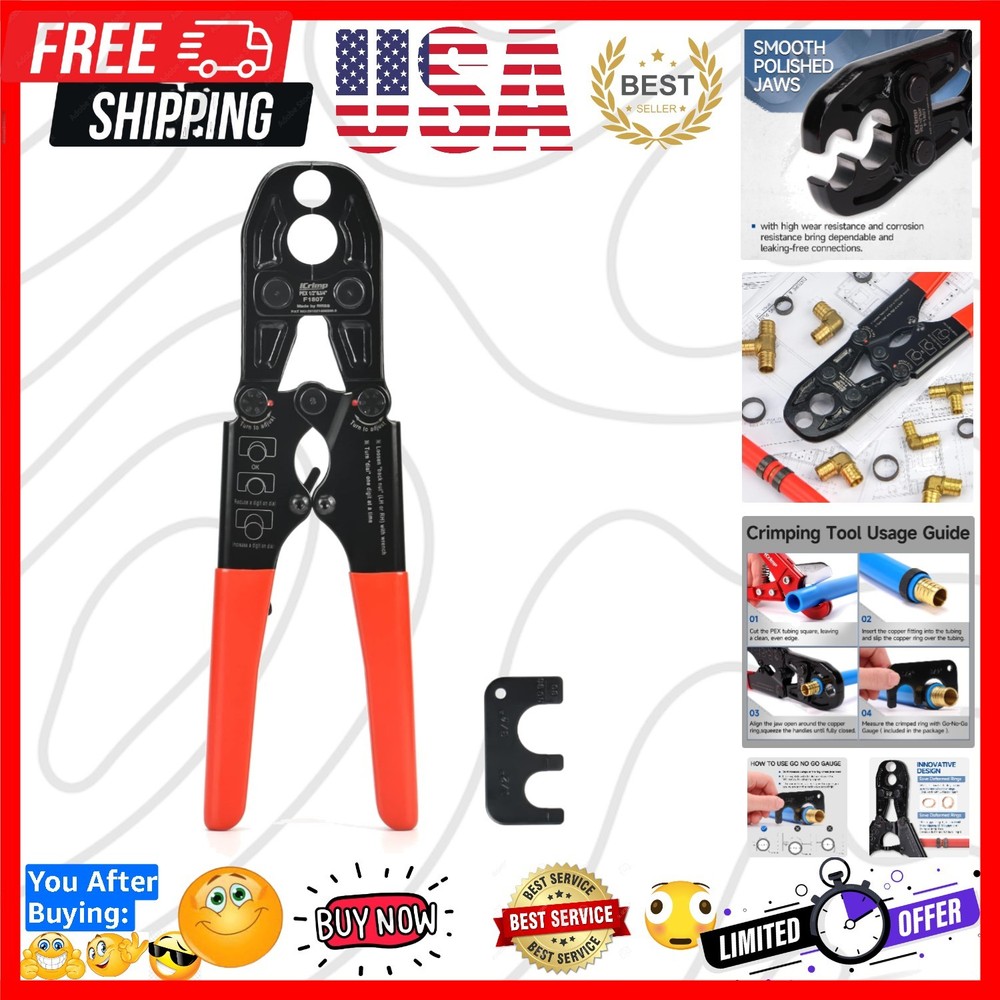 iCrimp 1/2 and 3/4-inch Combo Pex Pipe Crimping Tool for Copper Ring with Gau…