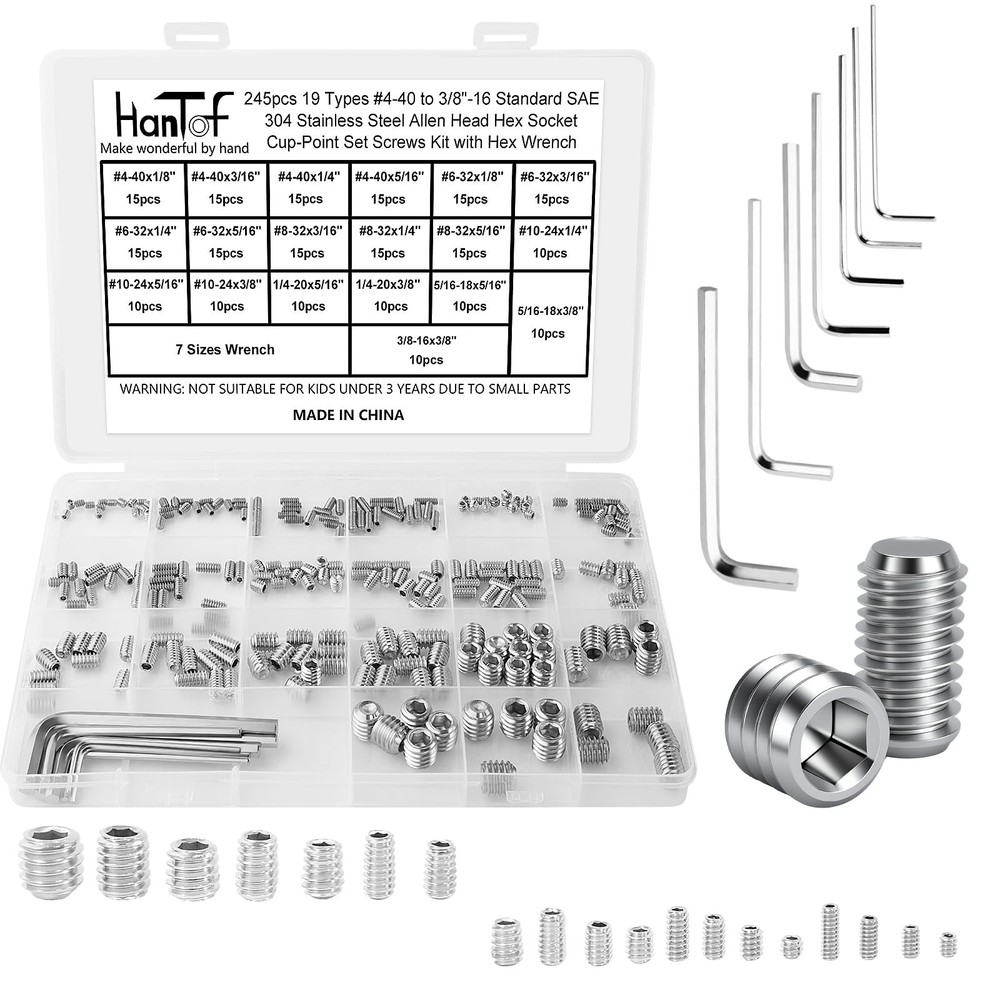 245 Pcs 19 Sizes Set Screw Assortment Kit SAE Allen Head Grub Screws for Bathro
