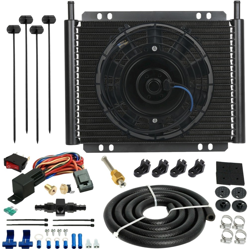 20 ROW TRANS-MISSION OIL COOLER FAN 6AN IN-LINE HOSE THERMO-STAT TEMP SWITCH KIT