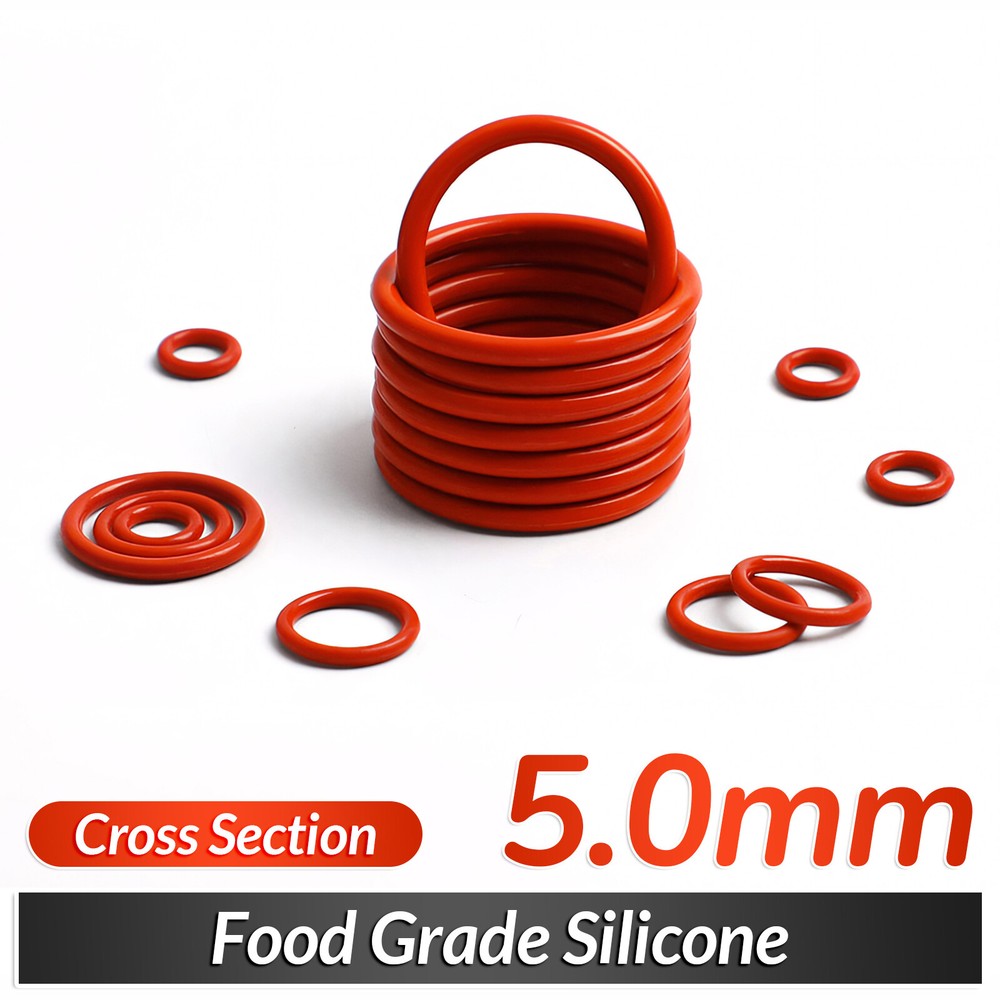 Food Grade O-Ring 5mm Cross Section 18mm-90mm OD Red Silicone Seals O-Rings