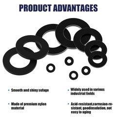 900-Piece Nylon Flat Washer Assortment Kit Black Plastic Flat Washers for Bolts