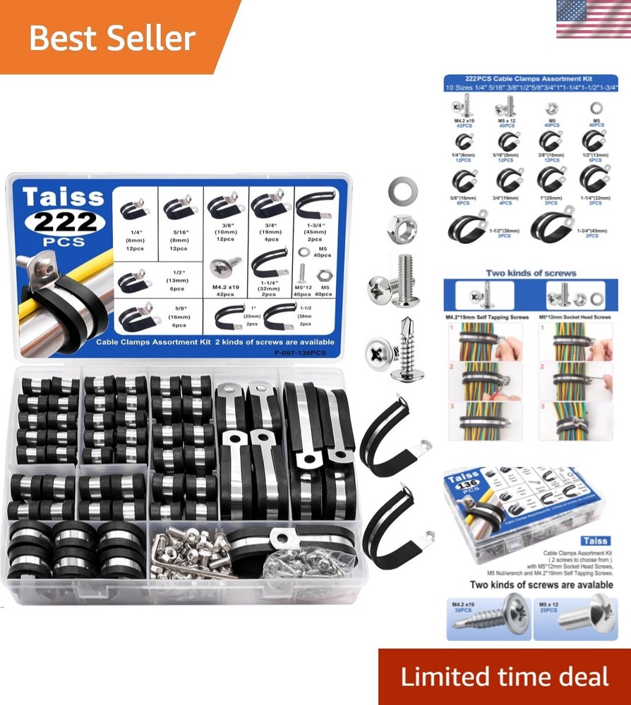 222PCS Cable Clamps Assortment Kit 304 Stainless Steel Rubber Cushion Pipe Cl…