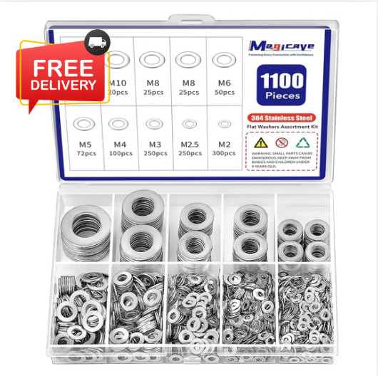 1100 Pcs Flat Washers Assortment Kit-304 Stainless Steel, 9 Metric Size (M2–M12)