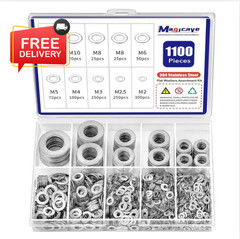 1100 Pcs Flat Washers Assortment Kit-304 Stainless Steel, 9 Metric Size (M2–M12)