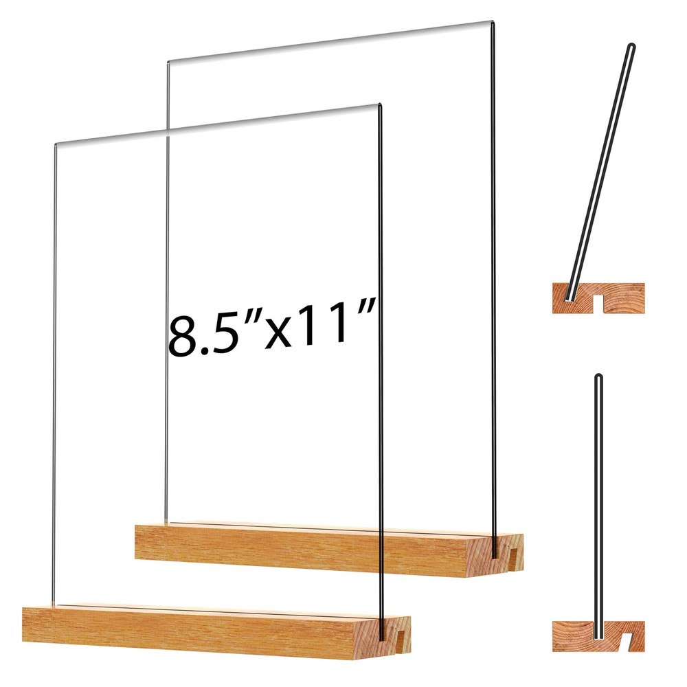 Acrylic Sign Holder with Wood Base, 8.5×11 Inch, Vertical, 2 Pack