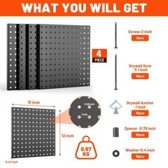 ValueMax Metal Pegboard Panels 4-Pack 12″x12″ Heavy Duty Pegboard Wall Organizer