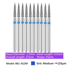 Vakker 10pc Dental 861-012M Medium Grit FG Diamond Bur Friction Grip Flame Shape