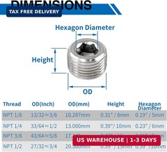 3/8″ NPT Male Plug, 304 Stainless Steel Internal Hex Thread Pipe Plug Socket Kit
