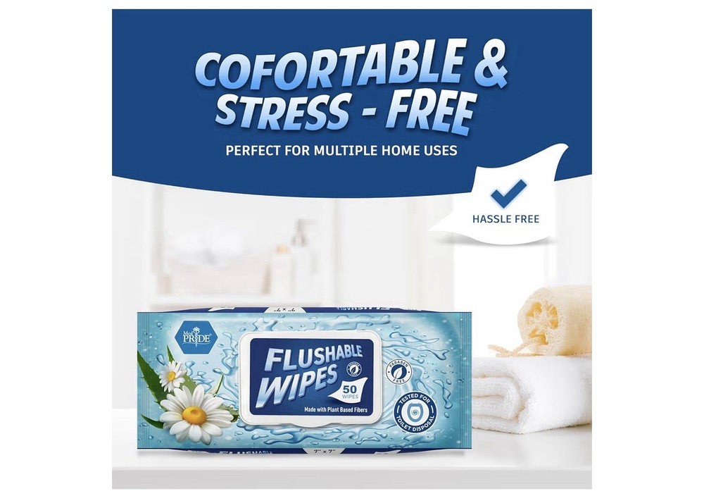 Unscented Flushable Wipes for Adults 50 Count Aloe & Chamomile Alcohol-Free 50ct