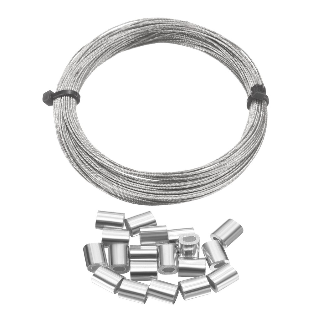 50ft (15M) 0.6mm Stainless Steel Wire Rope 7×7 Strand with 20pcs Loop Sleeves