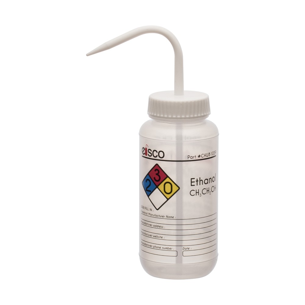 Ethanol Wash Bottle, 500ml – Wide Mouth, Pre-Labeled – LDPE – Eisco Labs