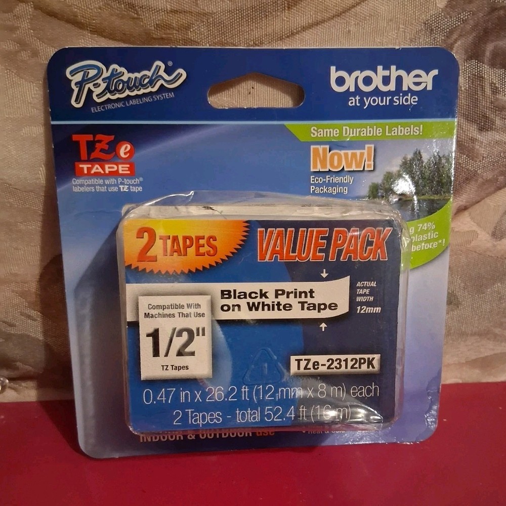 Brother TZE TZe-2312PK Label Tape 1/2″ White Thermal Print, 2 Pack, Black Text