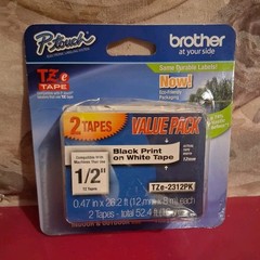 Brother TZE TZe-2312PK Label Tape 1/2″ White Thermal Print, 2 Pack, Black Text