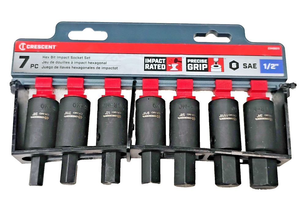 CRESCENT 7pc 1/2 in. SAE 6 Point Hex Bit Socket Set Impact Rated HD Mechanic NEW