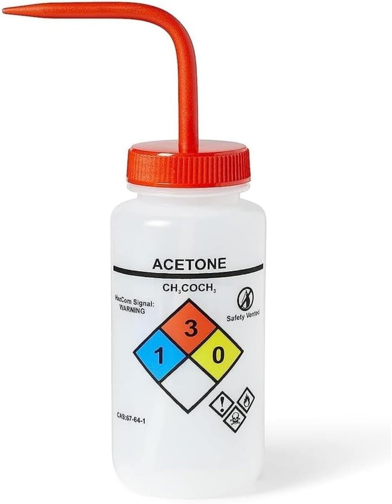 ™ Acetone Wash Bottle, 500mL LDPE Squeeze Dispenser | NFPA diamond labeling,