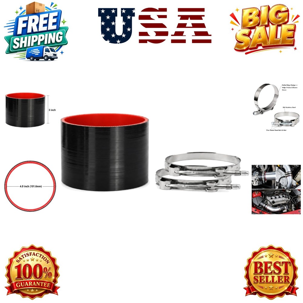 Straight ID: 4.0″ 101.6mm Silicone Hose Coupler High Temperature 4-ply with T…