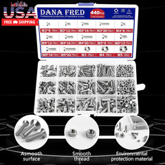 440 Pieces Flat Hex Socket Head Cap Screws Kit 304 Stainless Steel M3 M4 M5 Metr