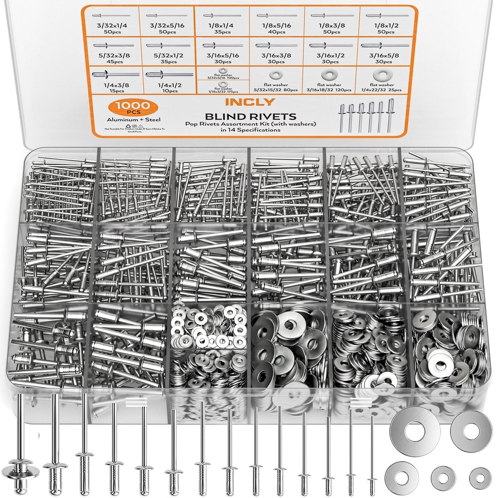 1000PCS Aluminum Pop Rivets Assortment Kit, 14 Sizes Pop Rivets (3/32″ 1/8″ 5/32