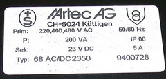 ARTEC AG 24VDC 200 VA POWER SUPPLY 5 AMP MODEL CH5024