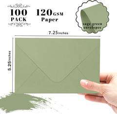 A7 Sage Green Envelopes 100 Pack, 5X7 V Flap Printable Envelopes for Invitation