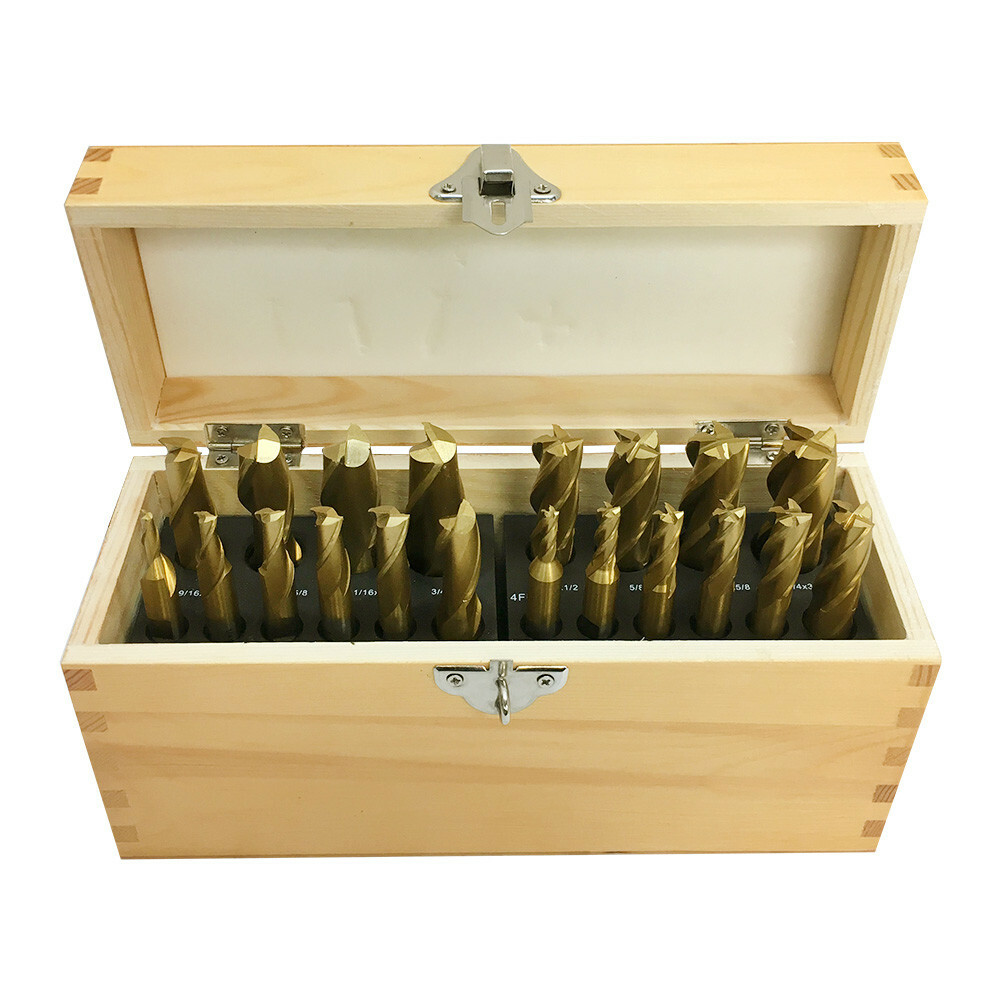 End Mill Set 20 pcs 4 & 2 Flute 3/8” – 3/4” HSS Tin Coated