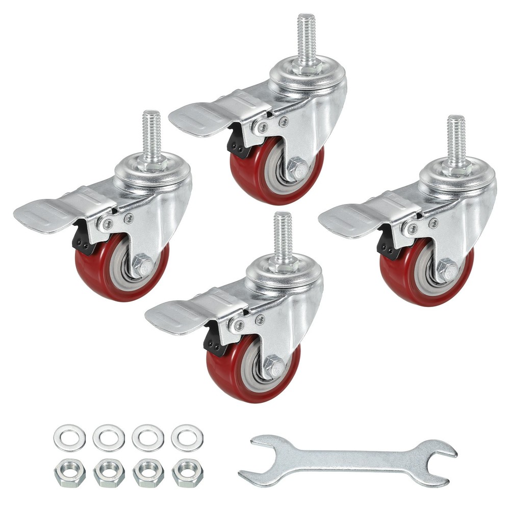 4pcs 2″ Swivel Threaded Stem Casters 3/8″-16UNC PU with Brake 110lbs Load Red