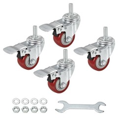 4pcs 2″ Swivel Threaded Stem Casters 3/8″-16UNC PU with Brake 110lbs Load Red