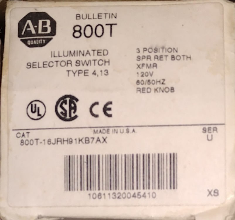 ALLEN BRADLEY ILLUMINATED SELECTOR SWITCH 800T16JRH91KB7AX 800T-16JRH91KB7AX
