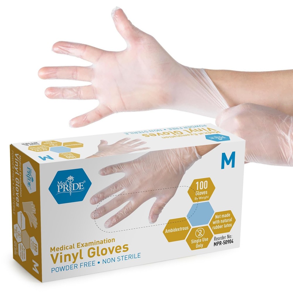 MED PRIDE Medical Vinyl Examination Gloves (Medium, Medium (Pack of 1), Clear