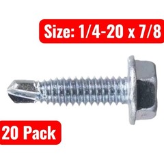 20 Pack 1/4-20 x 7/8” Self-Drilling Hex Washer Head TEK Screws Zinc Plated