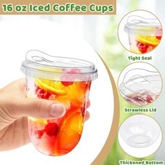 50-Pack 16oz Clear PET Cups w/Strawless Lids for Iced Coffee & Cold Drinks